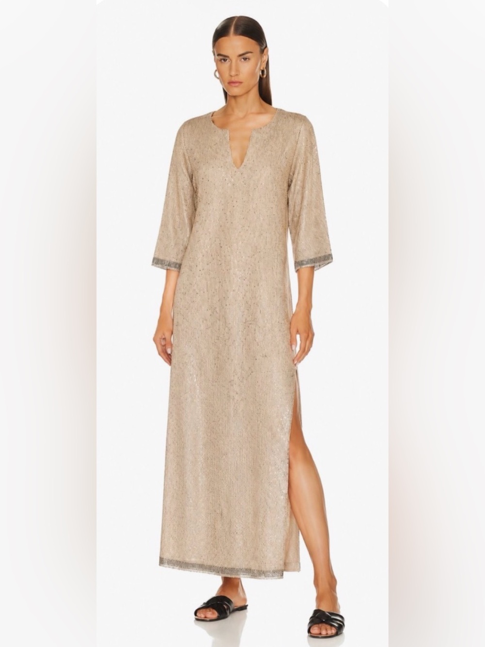 NWT Harwood Cream Gold Sequins Maxi Tunic Kaftan Dress Swim Cover-Up Sz S Resort